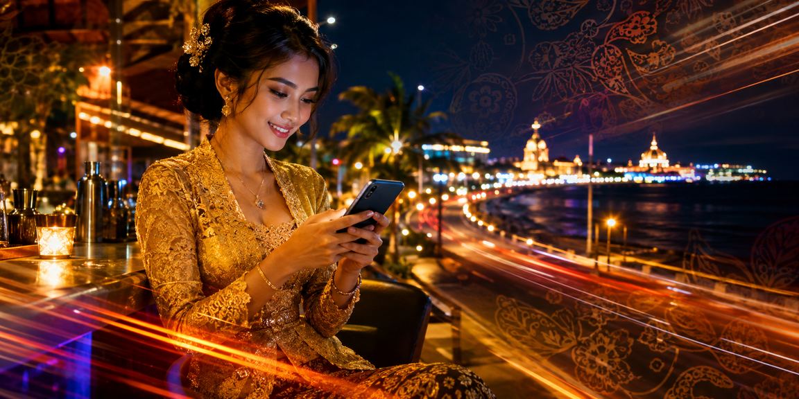 Model menunjukkan tampilan aplikasi kasino bogem10 di smartphone dengan ekspresi antusias