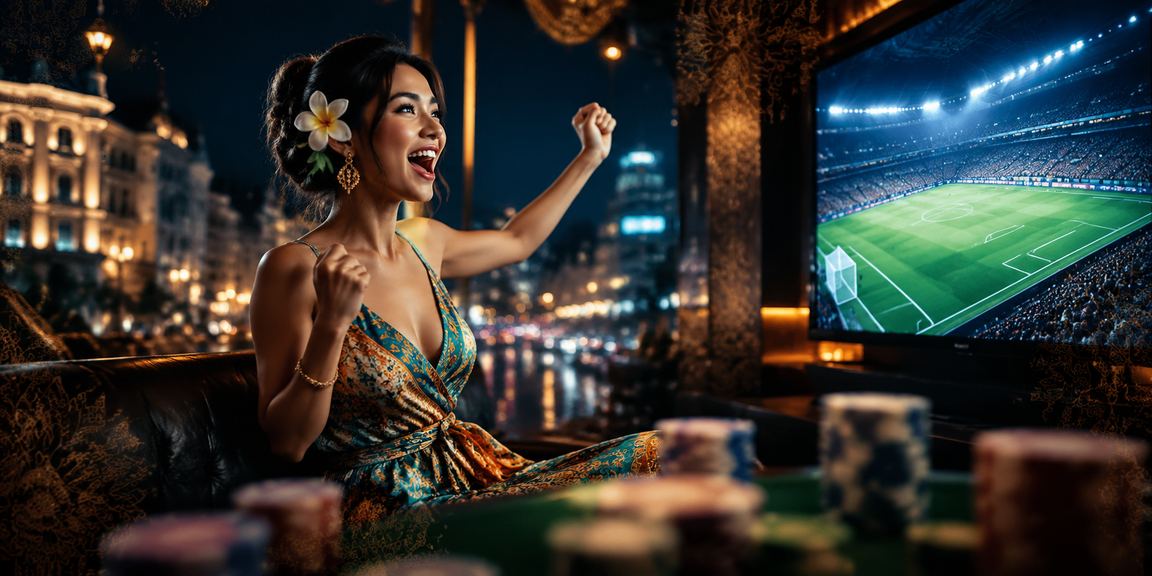 Model perempuan tersenyum memegang simbol bonus rebate dengan latar festival yang cerah