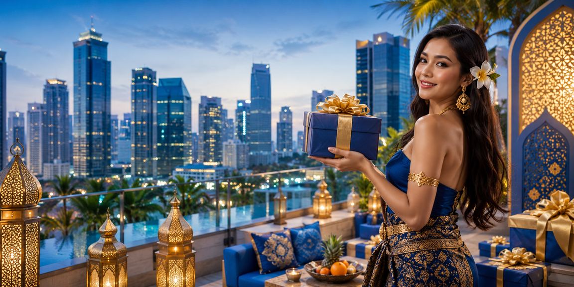 Model wanita Vietnam dengan ekspresi ceria dan hadiah bonus di tangannya