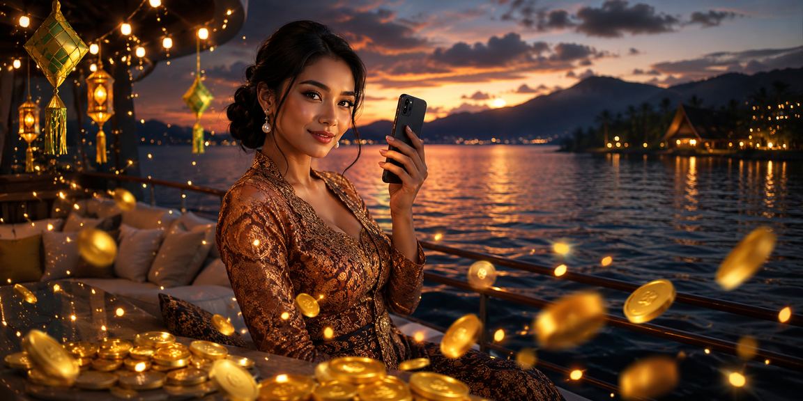 Suasana festival malam dengan tampilan aplikasi casino mobile di layar smartphone